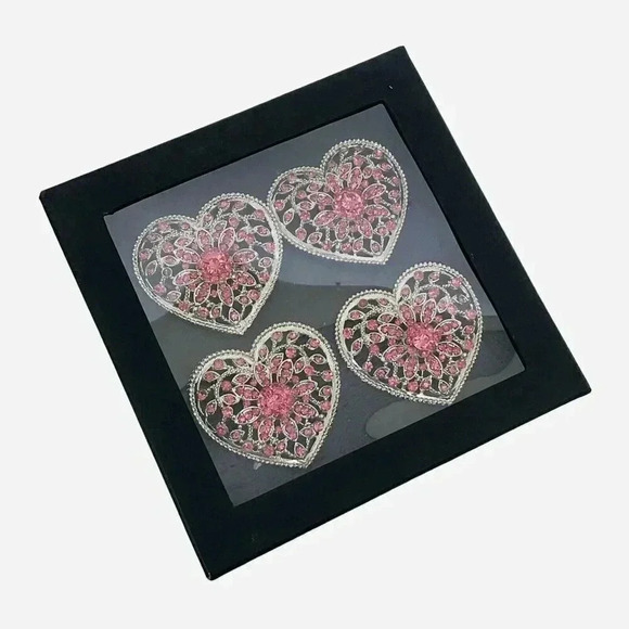 TAHARI Napkin Rings Hearts Pink Crystals Romantic Dinner Valentines Anniversary - Picture 1 of 5